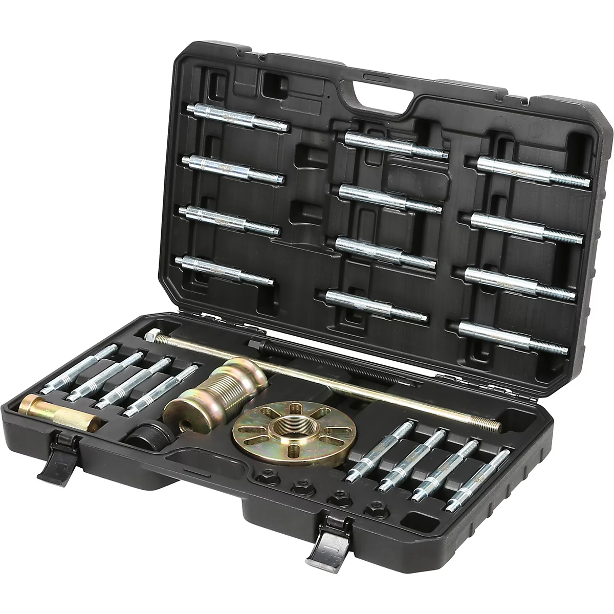 Schwarzer Werkzeugkasten mit Werkzeugen, darunter Schrauben, Stangen und ein Metallzahnrad.